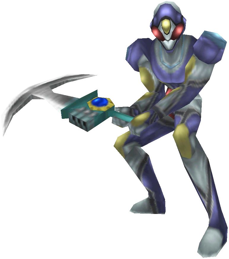 A soldier in a video game with vaguely insect like futuristic armor and a pickaxe.
