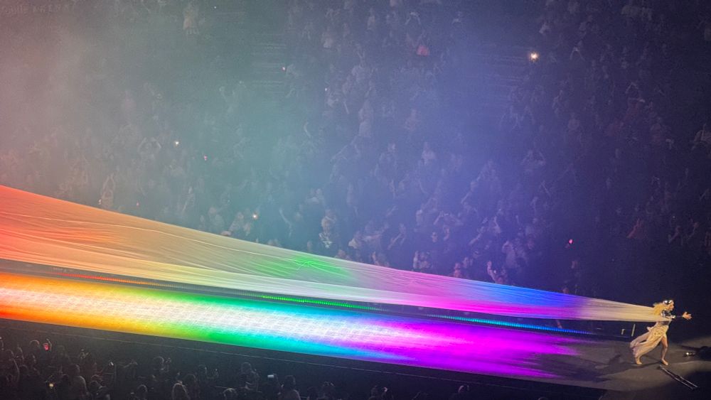 Lady Gaga with a long rainbow lit vail during the performance of “Paparazzi” at The Mayhem Ball