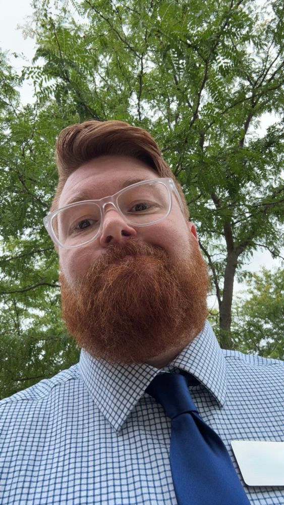 Bearded ginger in a blue shirt and tie with trees behind.