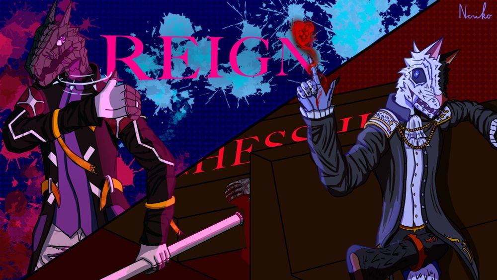 Reign in the left doing a " go die " motion to Chesshire on the right manipulating blood with his hand.