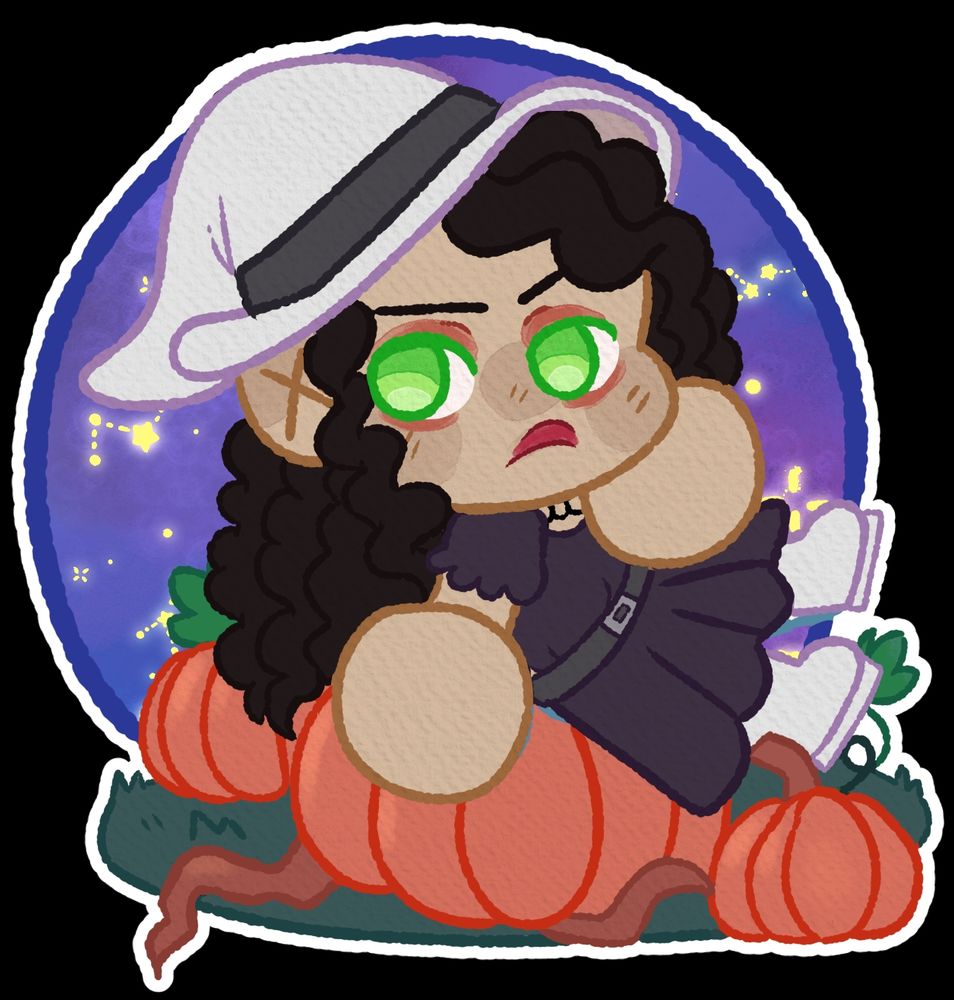 Curly haired witch with a grumpy expression and a red lip sitting in a pumpkin patch. 