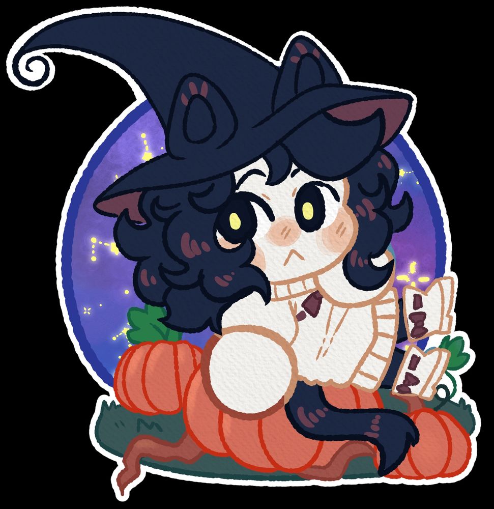 a nekomimi witch sitting on a pumpkin with a :< expression! They wear a white oversized sweater and a big black hat. 