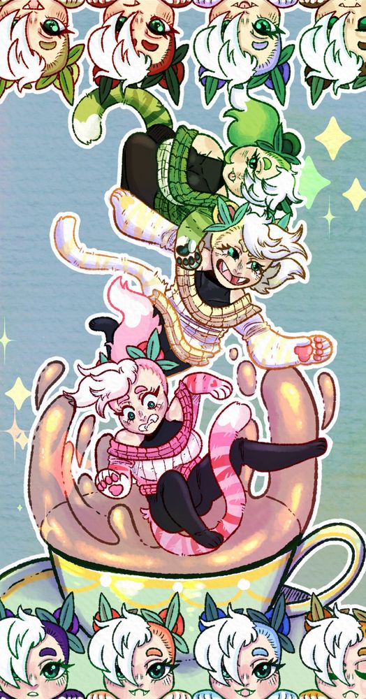 Chibi art of the same character in various colors with various expressions. Three are falling into a teacup while the ones at the bottom form a border