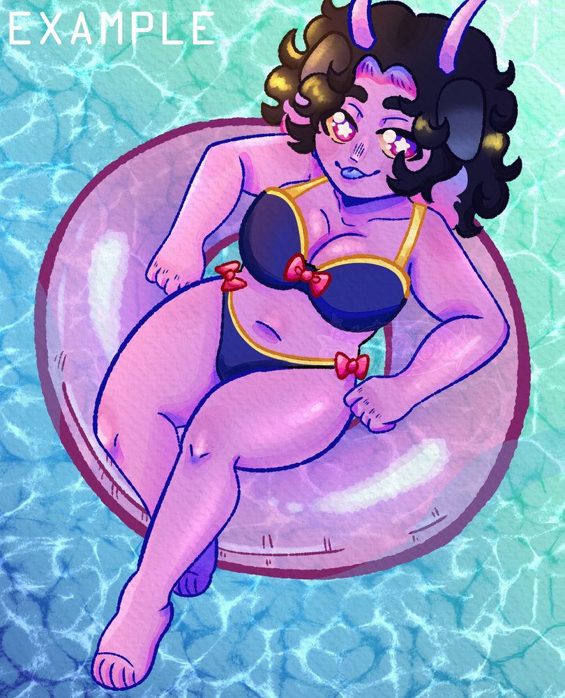 A YCH Example of a base sitting on a pool floatie in the water. This is of my Sona Canis sitting in the pool, they have purple skin and is an alien! In the top left it reads EXAMPLE