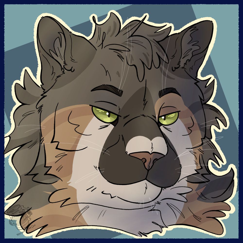 Headshot of a gray and orange tabby cat with some white markings and lime eyes on blue background