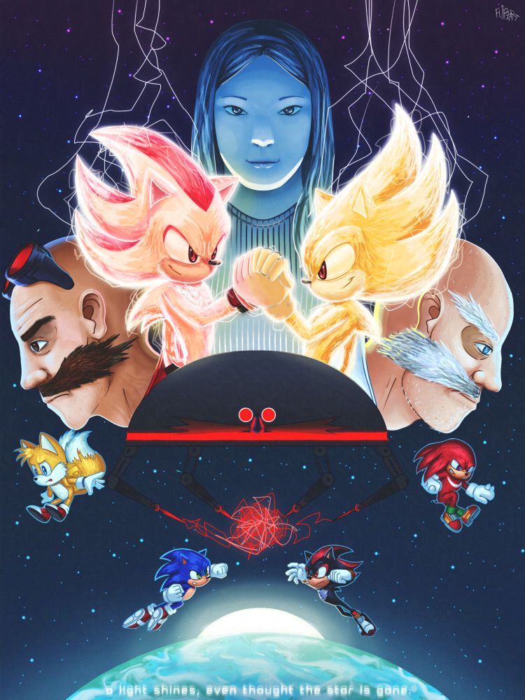 A drawing based on Sonic Movie 3, including the characters Sonic, Tails, Knuckles Eggman, Gerald, Maria and Sonic & Shadow's super forms.