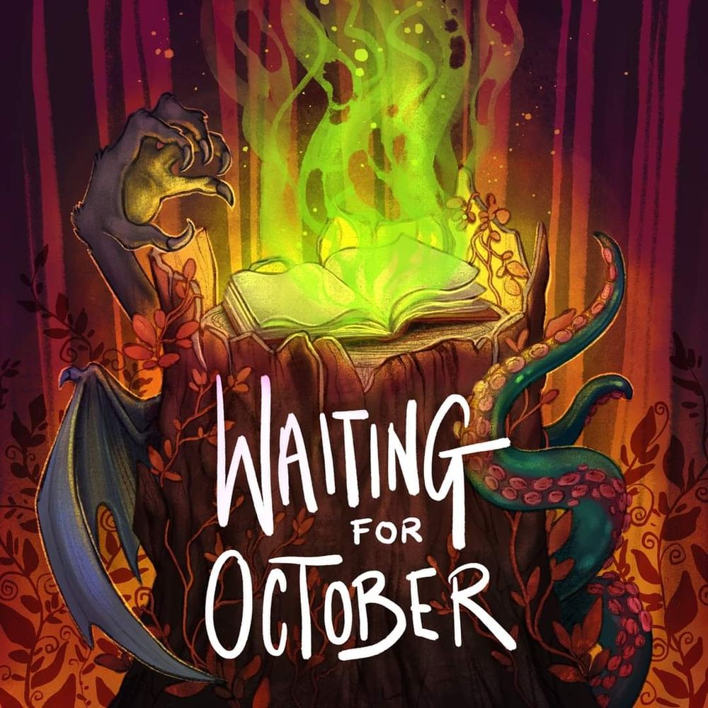 Cover art for Waiting For October, a queer supernatural audiodrama.  Reds, golds, fall color palette. You can see bits of cryptids represented, magical vibes to the image as well. 