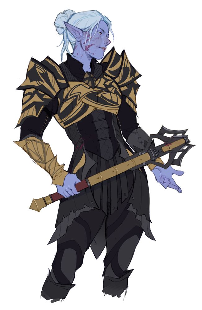 Thigh-up drawing of Minthara from Baldur's Gate 3. She's wearing the Spidersilk Armour and holding a weapon. Blood is sprayed across her face.
