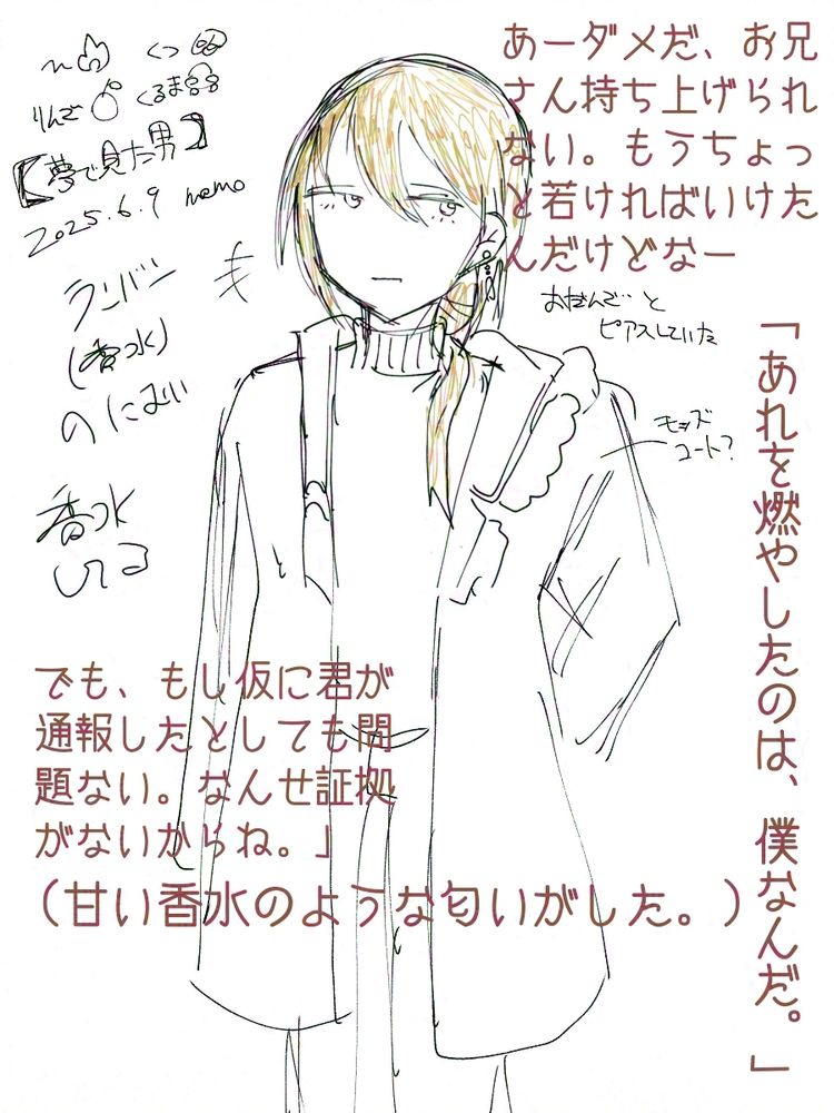 【夢で見たRくん】
周りに書いてあるセリフは夢で実際に発言していた内容
起きてすぐ描き殴ったメモなので雑汚い