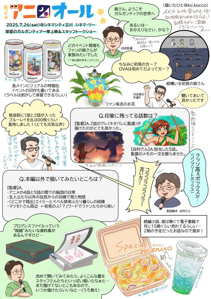 翠星のガルガンティア一挙上映&スタッフトークショーのイラストレポート。
特製ラベル缶（ウーロン茶、レモンスカッシュ）は各メインビジュアルにイベント当日の日付が入っていて、あとから剥がして保管も可能。
監督の最初の挨拶は「皆さんようこそガルガンティアの世界へ。あるいは、おかえりなさい、かな」印象に残った登壇の話では「どの現場もファンの皆さんが家族のように迎えてくれた」とのことで、聞いているこちらも嬉しかった。
会場には翠星のガルガンティアを初めて観る人、テレビでは観ていたけれどOVAは観ていない人など多くの初見の方が来られていて、トークショーの内容もネタバレに気をつけて進められた。
ファン有志のお花にも触れていただき、喜んでもらえたと思う。（こっこは参加していた）
印象に残っている話数、監督は2話、脚本の谷村さんはご自身の担当された5話。2話はおそらく異文化交流、地球と宇宙の常識の対比などを描けたことをよく出来たなぁと仰っていた。5話は監督のメモの一文を膨らませて最初はおまけの予定で作っていたものらしかった。私は5話が大好きなので有り難かった。
放送前に1話と2話が収録されたブルーレイ・ディスクを無料配布していたことについて平澤Pはとても熱心に語られていた。プロモーション大変そうだった。1話で結構予算を使ったらしい。
谷村さんの執筆された続編小説の上下巻は毎月15冊ずつくらい売れているそう。今月の売り上げに期待。紙は絶版で電子書籍のみらしい、ぜひ続きを読んで欲しい。コンプリートボックスが少し前に発売されており、くっそ高い（谷村さん談）が小説とブルーレイのセットなので、手に取ってみてもいいかも。気になっていると呟いてもらえたら先輩たち（ガルガンティアのファン）が貸してくれるかも…と平澤Pからの助言あり。
本編以外で描きたいところについての質問。監督はプログレスファイルという分厚い資料集（鈍器みたい）をめくってたくさん描いたこと、また描けていないところについて考えたそう。4話と5話の間の日常回、主人公以外からの視点で描いた物語、エイミーとベベルが何故2人で暮らしているのか、マツモトさん周辺（こちらは初見の人には分からないけど興味深いワード）などを挙げられた。
映画館シネマシティ立川のスペシャルメニューは海鮮塩焼きそばと爽やかラムネ。焼きそばは具沢山で大満足、ラムネはエメラルドグリーンのグラデーションが綺麗でガルガンティアの世界観を表していてワクワクした。どちらもとても美味しかった。食べ物が美味しいのは愛だと思う。
以上、レポート終わり