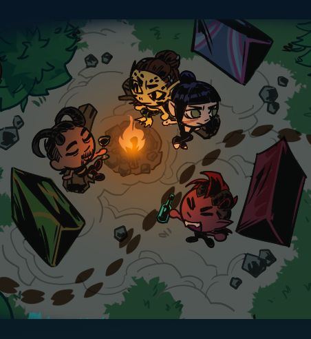 a tiny campfire scene with a chibi bg3 party with tiny tents. on one side of the campfire (top center) shadowzel sits on a log. they are holding hands but looking away from each other. on the log across from them, sits wyll (top left). he is contently raising a wine glass in cheers towards the couple. karlach approaches from her tent (bottom right) cheering with her wine bottle in hand towards wyll.