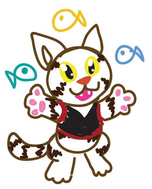 A quick sketch of Misty, a tabby cat wearing a red and black harness. She is standing on her hind legs and joyfully holding her front paws in the air. Three simple drawings of fish are around her.