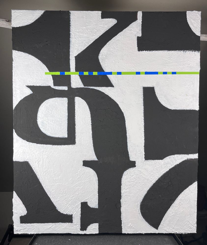 Title: Finistrations
Medium: Acrylic and marble dust on canvas
Dimensions: 20” × 24”

Description:
Finistrations takes broken serif forms and sets them into a thick, gritty surface made from marble dust. The letters feel heavy, almost architectural. Cutting across them is a 16.5” Morse code band that spells “ZRF.” It’s a thin strip—electric blue with bright green blocks—that runs like a broadcast signal through the middle of the piece.

The strip doesn’t just sit there. It slices the composition, vibrating against the black and white field. It reads like transmission, interference, or a line of glowing windows punched through the structure. The tension is in that collision: weight versus signal, architecture versus code.