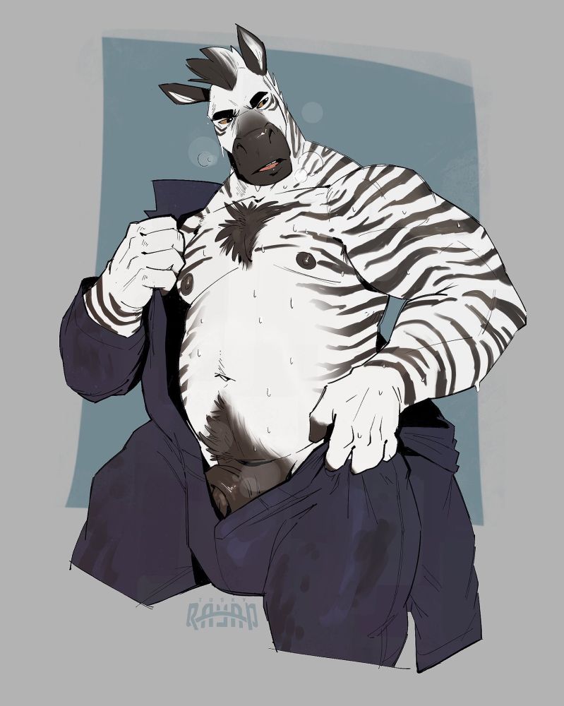Anthropomorphic fat sweaty zebra man stripping off a work jumpsuit 