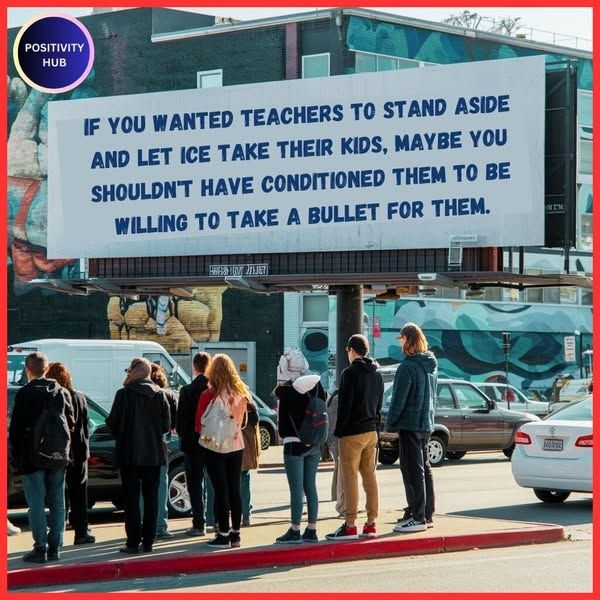 View of a city street with a group of people surrounding a billboard which reads "If you wanted teachers to stand aside and let ICE take their kids, maybe you shouldn't have conditioned them to be willing to take a bullet for them."