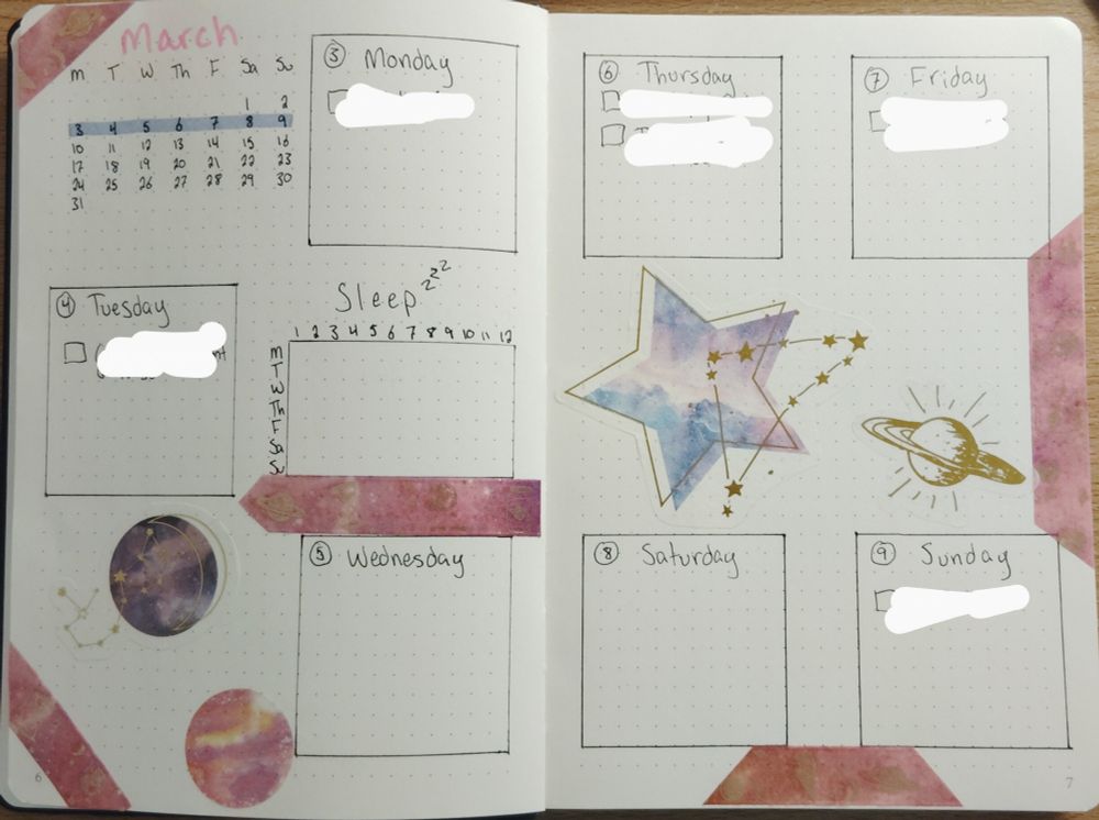 Hand-drawn weekly bullet journal spread, decorated with star- and planet-themed stickers and washi tape.