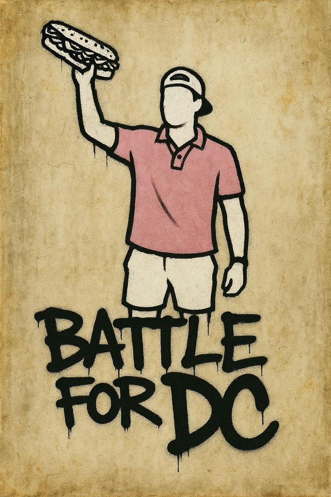 A white man in a backwards facing ball cap and a pink Polo brandishing the submarine sandwich with the caption battle for DC 