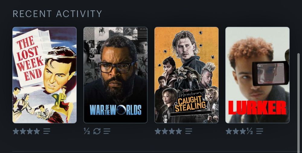 Letterboxd Recent Activity
The Lost Weekend (4)
War of the Worlds (0.5, rewatch)
Caught Stealing (4)
Lurker (3.5)