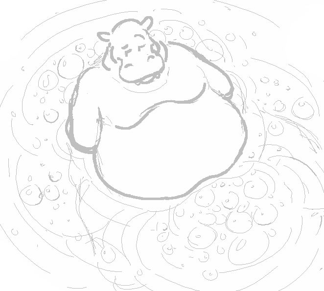 a sketch of a hefty hippo sitting in water rudely "blowing bubbles"
