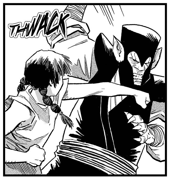 Selm punches a prison guard. The SFX read “thwack.”