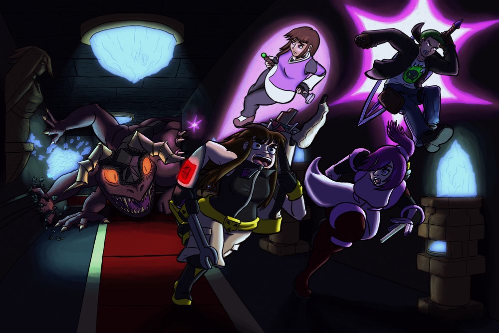 A group running from a monster dragon in a dimly lit temple hall, escaping with various means.