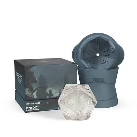 A d20 ice cube in front of its mold