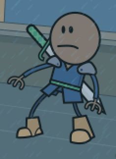 Un dessin de Roy Greenhilt, le meneur du groupe de héros du webcomic Order of the Stick, de Rich Burlew. Il est dessiné partiellement comme un bonhomme bâton. C'est un guerrier humain, chauve à la peau sombre. Il pleut, et Roy semble faire un pas en arrière devant quelque chose qui le surprend. Il porte des bottes, des épaulières, des vêtements bleu foncé (probablement une armure). Une épée à deux mains dont la poignée est verte est accrochée à son dos.