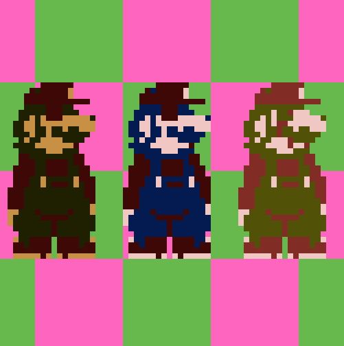from left to right: false hero from mario 85 is seen twice, once with his regular colors, the classic super mario bros colors, except darker. he looks identical to mario besides having an hollow, soulless eye. the exact same sprite is seen again, except this time he has the darker colors of the mario seen in the first image. in front of the false heros mario.exe is seen, this time his outfit is colored the same as in super mario bros, except he has the same pale skin as the mario in the first image. mario.exe has a single hollow eye visible with a red dot in them, representing his eye. there is blood coming from his eye and mouth too. all 3 sprites are styled just like mario and luigi in the first image.
both images in this set have a lime green and hot pink checkerboard pattern, the lime green is slightly desaturated.