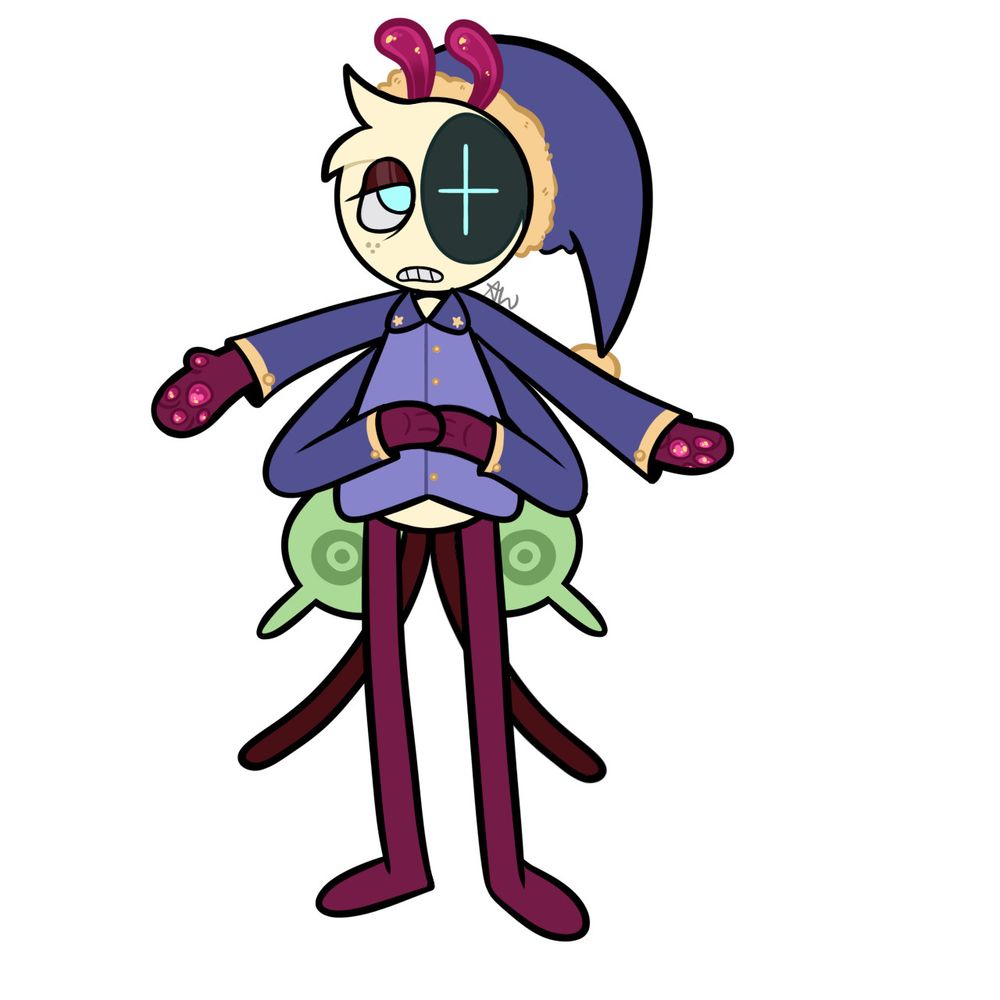 A redesign of Astro from Dandy's World. He doesnt have his blanket, showing off all four of his arms, with paw pads. His colours have been changed to resemble that of a luna moth. He has small moth like wings on his lower back with tendrils that mimic twin tails.