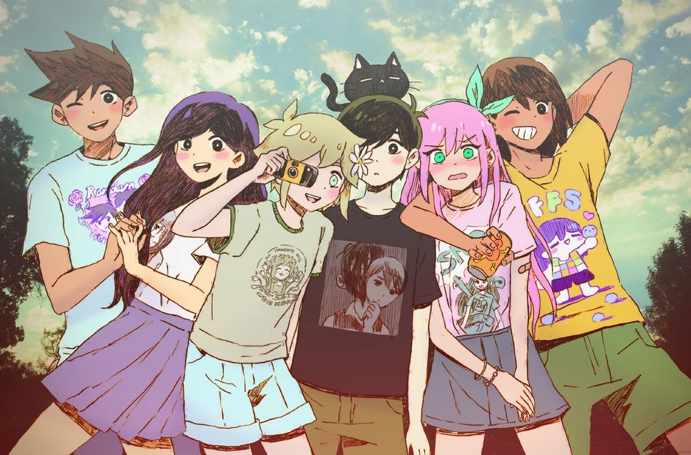 Official promotional art of the main OMORI cast in Faraway Town. Everyone is wearing official OMORI merchandise featuring themselves.