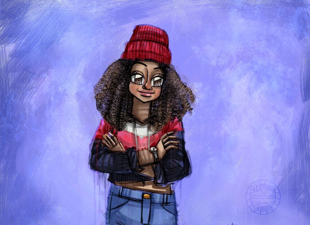 A recreation from a Public Domain photo of a woman on a purpleish background. She's wearing a red beanie cap, and is crossing her arms. She is wearing a wristwatch on her right hand. 