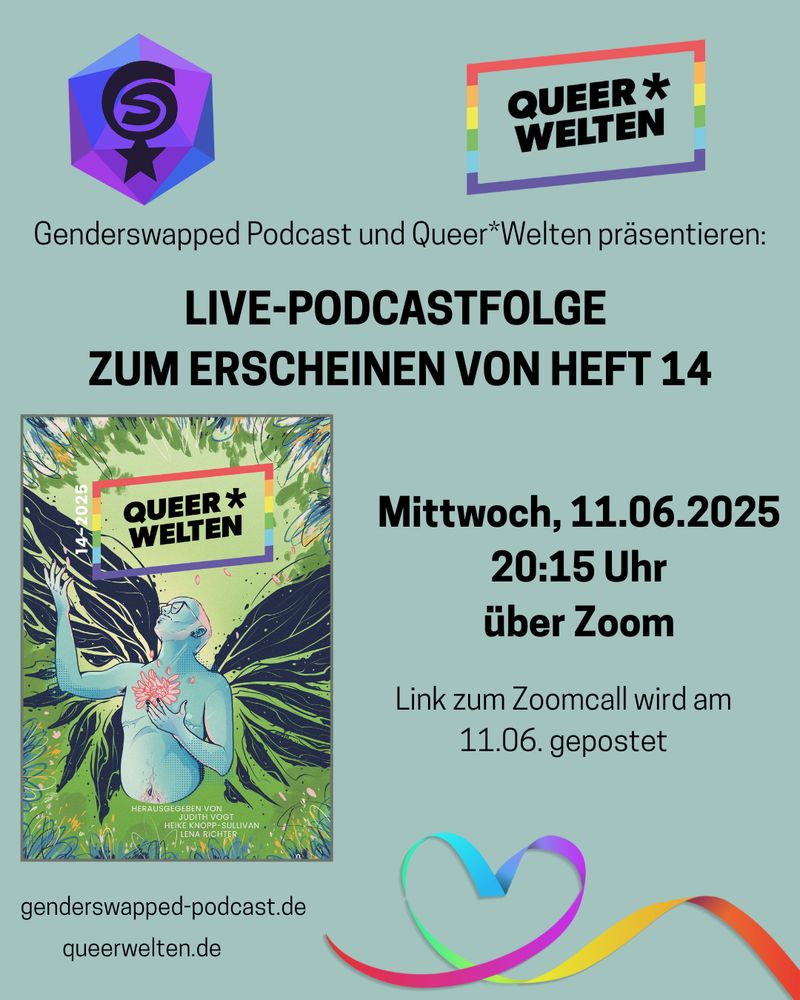 Grau-Türkises Sharepic, oben befinden sich das Genderwapped Podcast-Logo und das Queer*Welten-Logo. Darunter steht: Genderswapped Podcast und Queer*Welten präsentieren: Live-Podcastfolge zum Erscheinen von Heft 14. Darunter ist links das  Cover von Queer*Welten 14, das einen trans Mann mit Schmetterlingsflügeln, Bart und Brille zeigt, umgeben von Blumen- und Pflanzenmotiven. Daneben steht: Mittwoch, 11.06.2025, 20.15 Uhr über Zoom, Link zum Zoomcall wird am 11.06. gepostet. Unter dem Cover die URLs genderswapped-podcast. de und queerwelten. de, daneben ein Deko-Element in Regenbogenfarben.