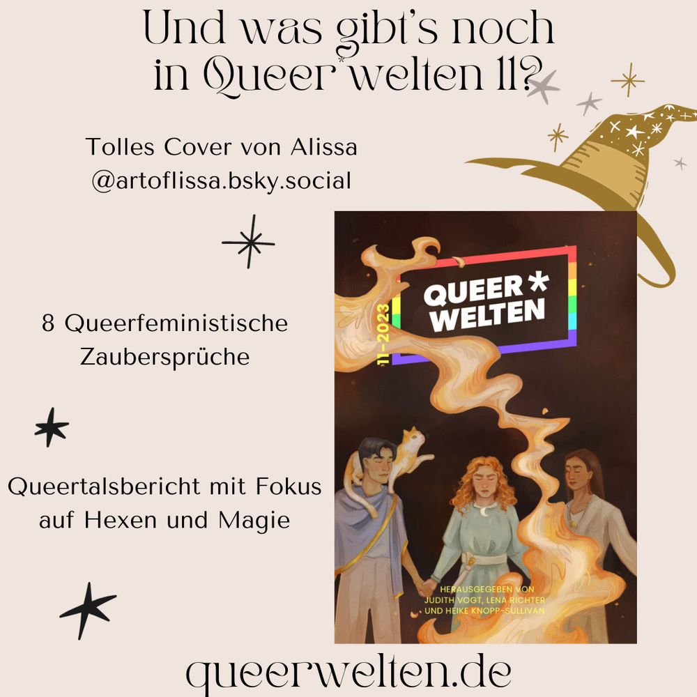 Beiger Hintergrund, darauf das Queer*Welten 11-Cover. Es zeigt 3 unterschiedliche Hexen, die um ein Feuer stehen, darüber das Logo. Schräg über dem Cover ist ein Comicartiger Hexenhut.

Überschrift: "Und was gibts noch in Queer*Welten 11?"

Darunter die drei Textfelder:
Tolles Cover von Alissa

8 Queerfeministische Zaubersprüche

Queertalsbericht mit Fokus auf Hexen und Magie

Dazwischen jeweils ein Sternsymbol.

Ganz unten die Website queerwelten.de