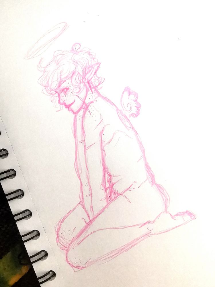 Messy pencil sketch of Ashley kneeling, done with pink pencil. His hands are between his knees, he's looking at the viewer, a halo above his head, not wearing clothes