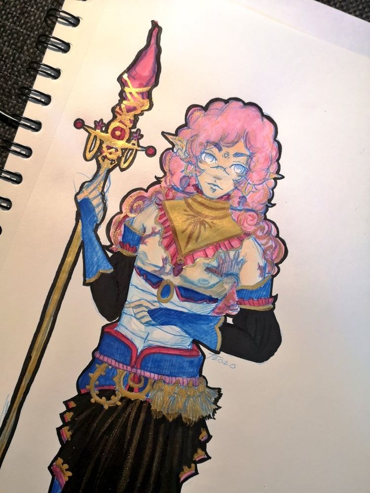 Traditional artwork of a character drawn with water colors. It's a Fire Genasi sorcerer with a staff, curly reddish hair and scars on his upper body. 