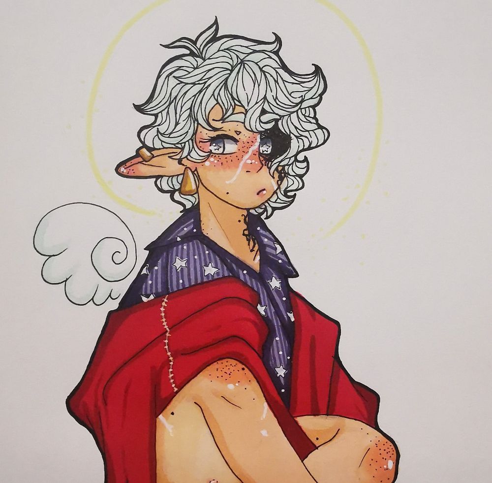 Traditional artwork of Ashley sitting on the ground