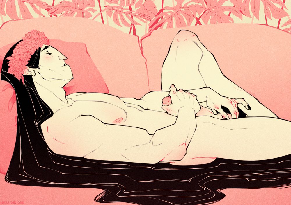 A drawing of a man wearing a flower crown, laying on a cough, gently touching himself