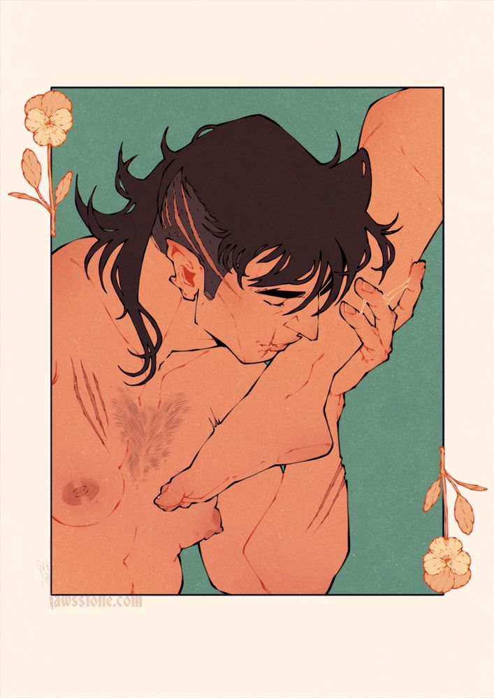 A drawing of a woman kissing an ankle. There's flowers on the end of the borders of the piece