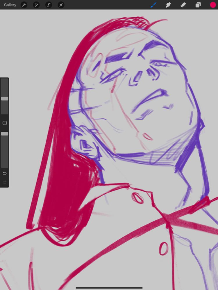 Rough sketch of a headshot, a long haired man looking annoyed