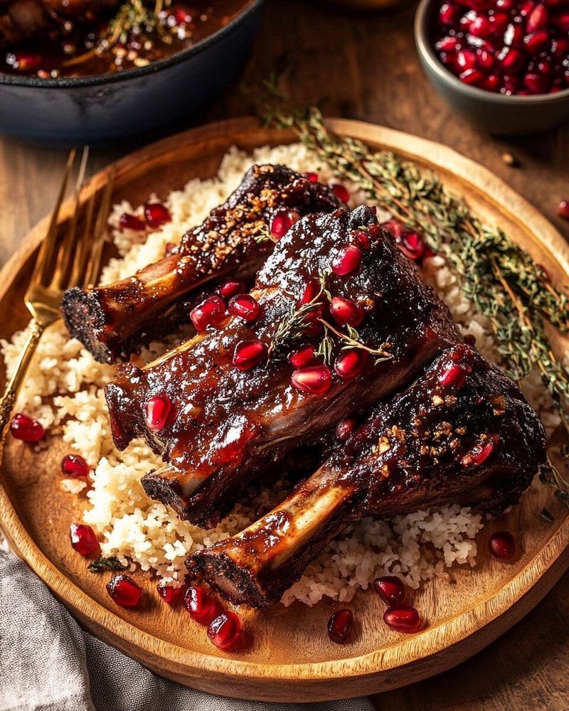 Pic of braised ribs in a wooden plate, on a bed of rice covered in pomegranate