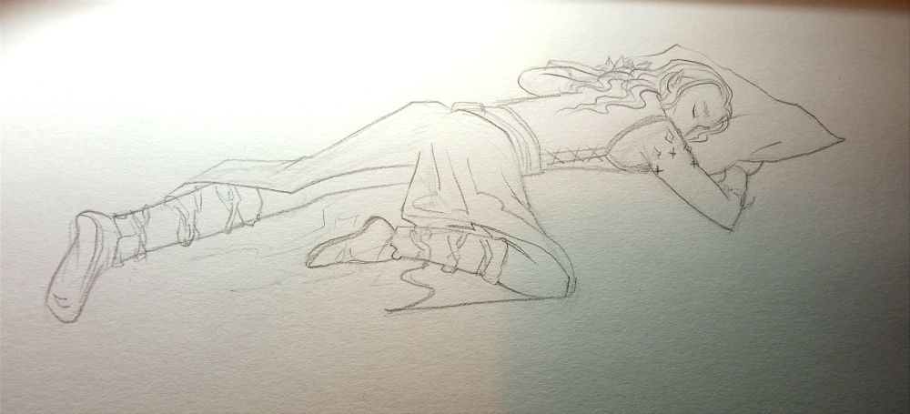 Pencil sketch of Adar sleeping face down in full armour and hugging his pillow 