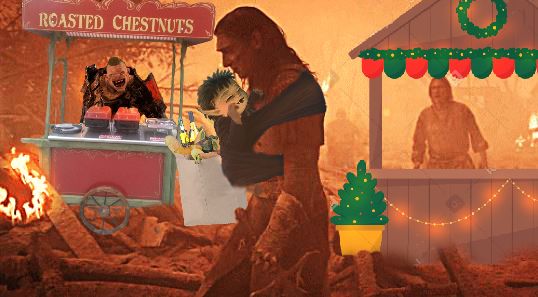 Edit of Adar walking, carrying a baby Uruk to his chest; behind there is a "ROASTED CHESTNUTS" stall run by a troll and another one with Christmas decorations run by Waldreg.