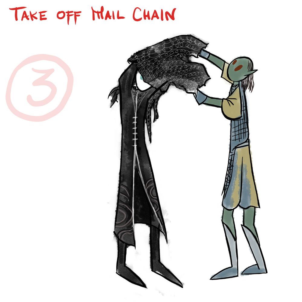 Simple coloured drawing in some sort of "stickman style" of Adar and an Uruk who is helping him to take off his chainmail over his head.

At the top can be read "3. TAKE OFF MAIL CHAIN" in red letters.
