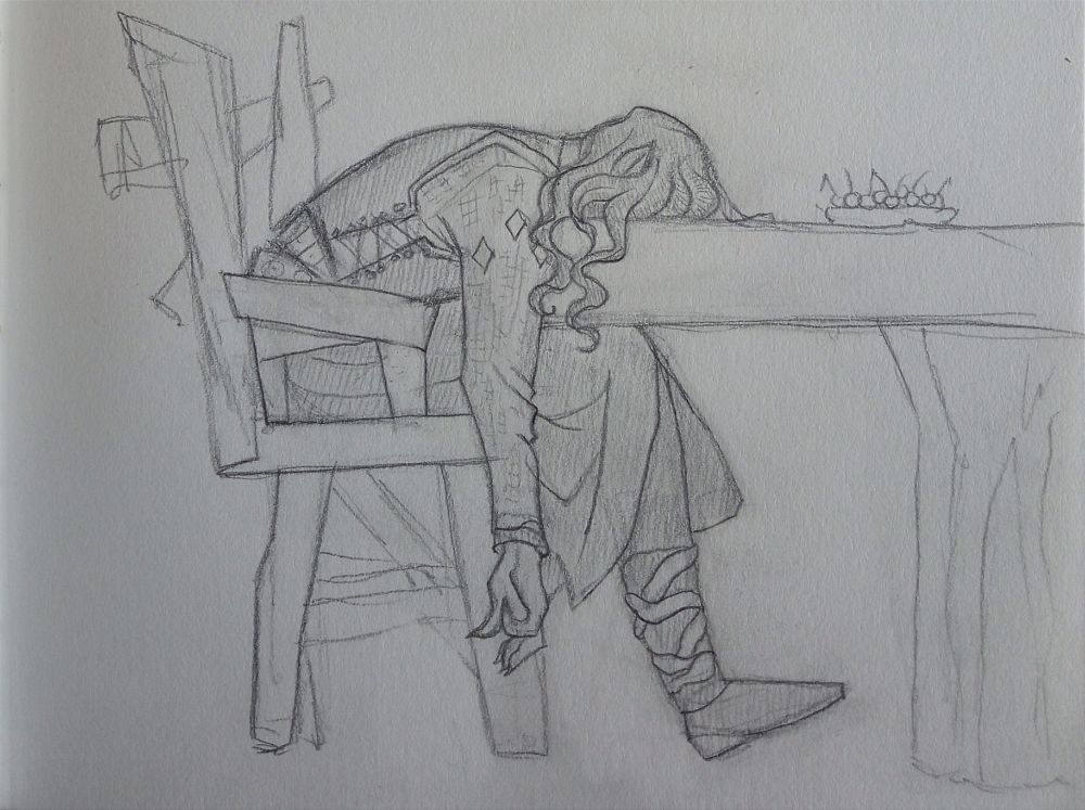 Pencil sketch of Adar sitting on a chair with his face down on a table and his limbs falling limp