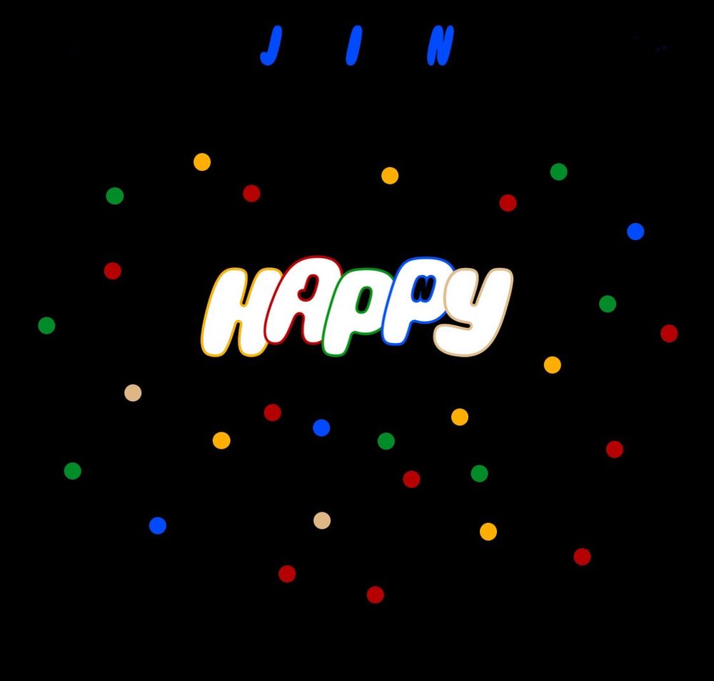 screenshot of promotional drawing for BTS Jin’s new album - black background with small yellow, red, green, blue and off-white dots scattered around the stylized letters spelling HAPPY in white each letter with a thin border in one of the colors of the dots. The holes of the letters spell out JIN and J I N also appears at the top of the picture in blue. The entire picture evokes a sense of happiness!! 