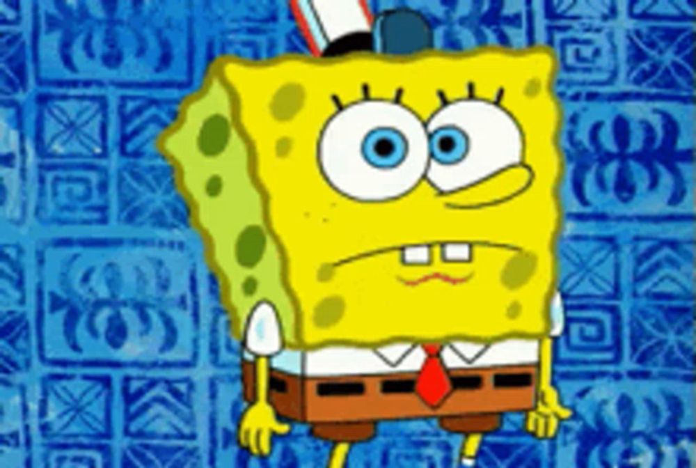 a cartoon character named spongebob is standing in front of a blue background