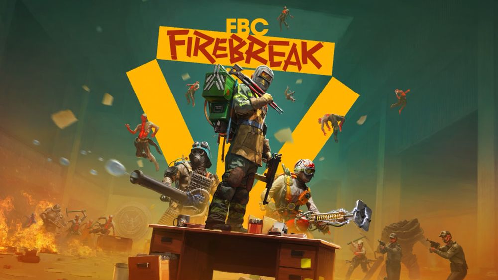 A stylized action poster for “FBC Firebreak” featuring three armored and heavily equipped characters standing heroically atop an office desk. The central character wears a hazmat-style suit and carries a large backpack. Around them, chaos unfolds with other figures battling amid flames, falling enemies, and scattered papers. The background features a bold yellow “V” shape with the title “FBC Firebreak” in red lettering.