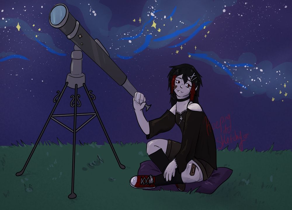 Vampire sitting on a pillow. It is night time and there is a galaxy in the sky. She is sitting next to a telescope. 
