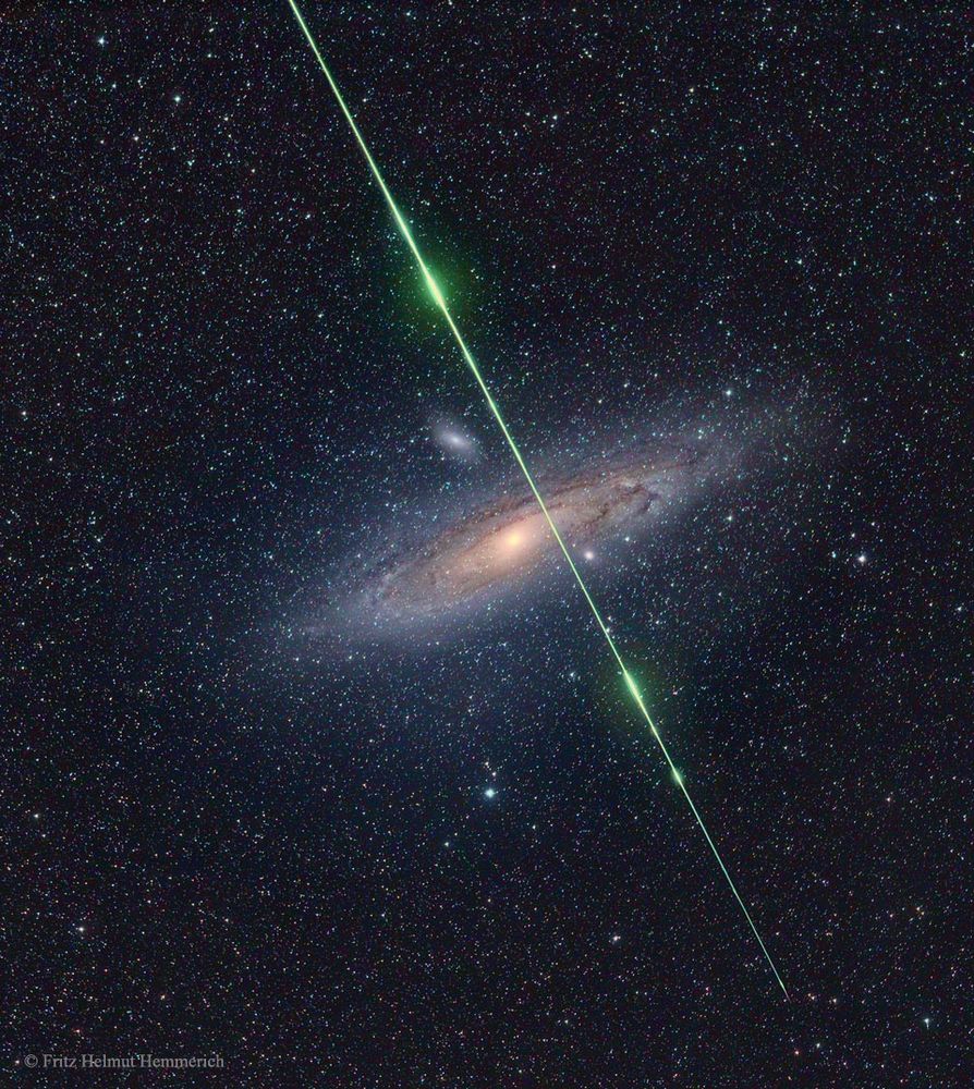 In 2016, during the Perseid Meteor Shower, a brilliant green meteor streaked across the Andromeda Galaxy in this stunning image. Likely from the Southern Delta Aquariids, its glow came from vaporizing gases as it blazed through Earth’s atmosphere.

Credit: Fritz Helmut Hemmerich
