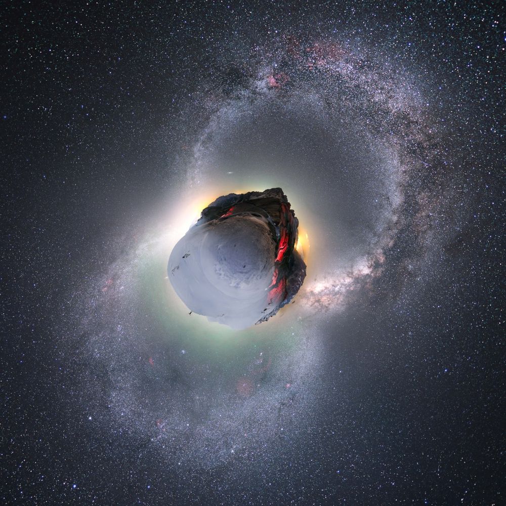Earth’s seasons meet in this stunning 360° panorama from Col du Galibier in the French Alps. The Milky Way arcs above as winter’s snowy peaks contrast with summer’s warm glow. Captured from a legendary Tour de France climb, this view blends two seasons into a single night.

Credit: Camille Niel